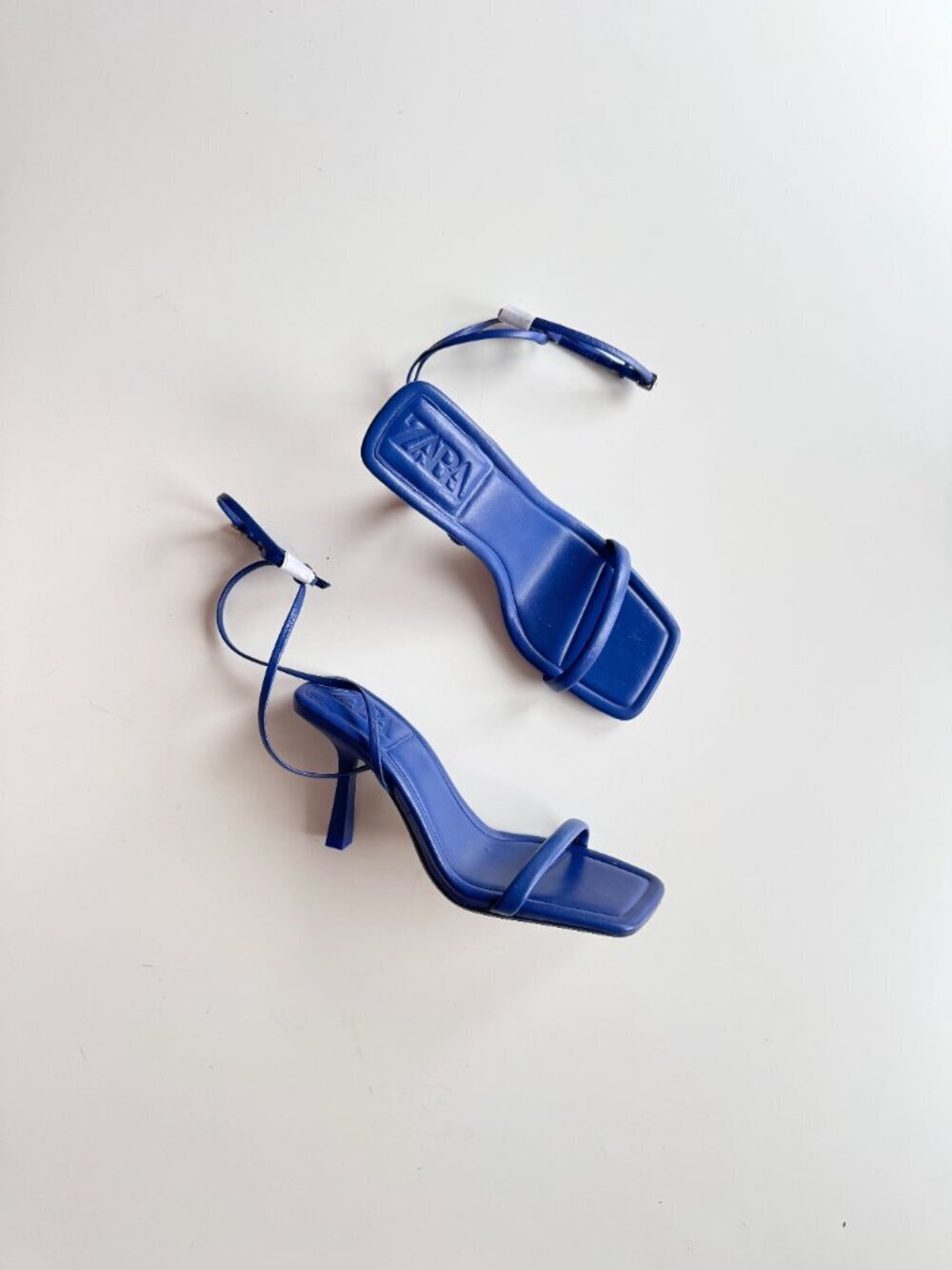 NWOT ZARA Blue Leather Square Toe Strappy High Heel Wraparound Sandals, Size 35 - Picture 1 of 14